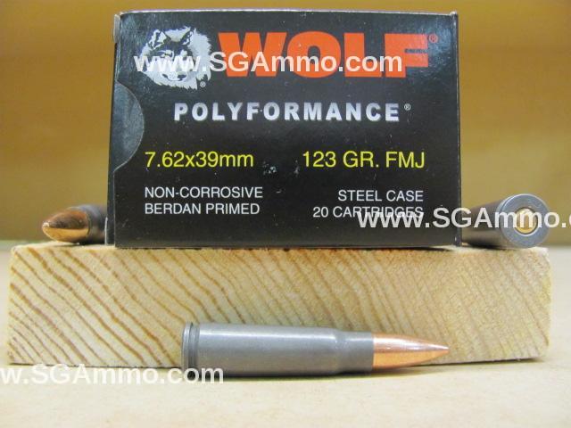 1000 Round Case - 7.62x39 FMJ 123 Grain Wolf Polyformance ammo - Made in Russia by Barnaul - FMJ Projectile